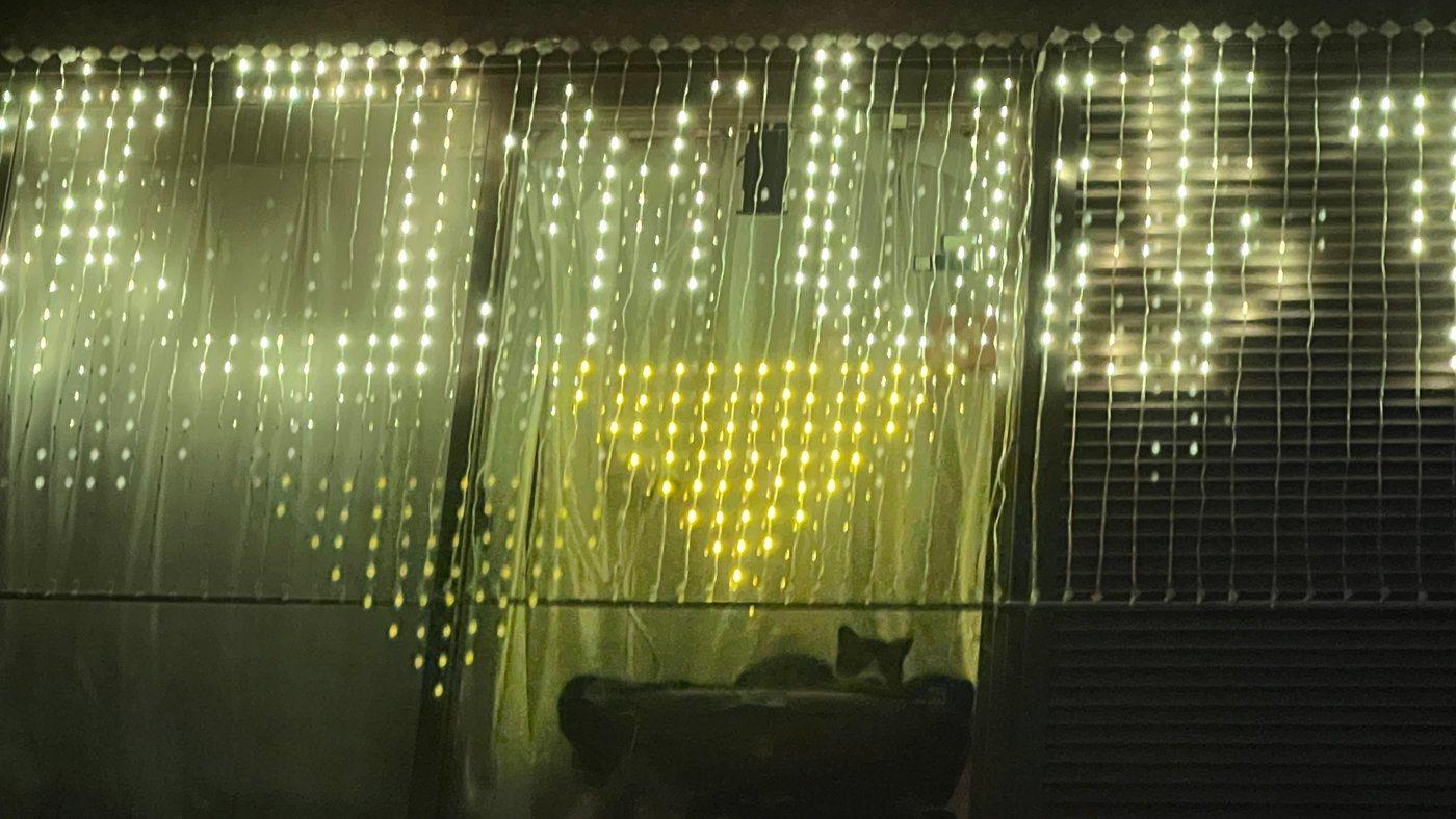 窓のLEDカーテンに表示した文字とハート。窓辺に猫のシルエット