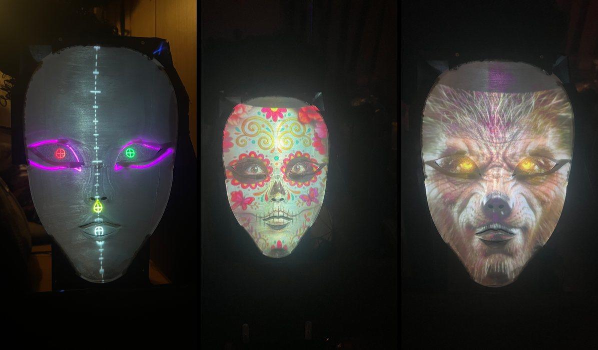 3Dプリントのホロウマスクに映した顔。左から位置合わせ用の目印、メキシコのドクロ風の顔、狼男